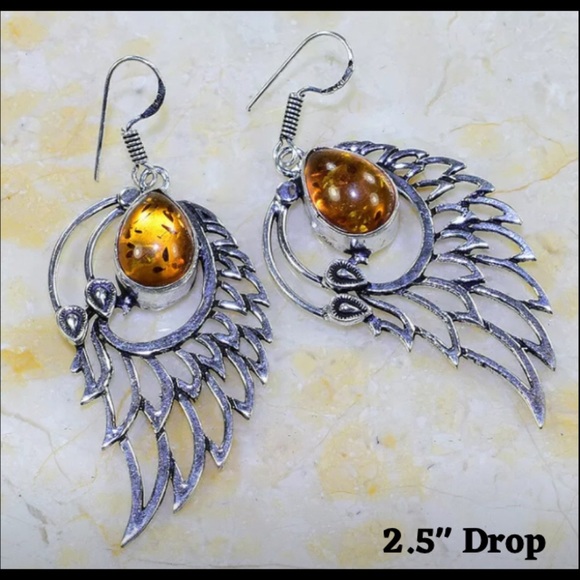 Beautiful Amber Gemstone 925 Silver Angel Wings Dangle Drop Earrings - Picture 2 of 6